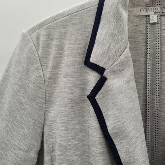 Company Ellen Tracy Gray Contrasting Navy Trim Resort‎ Wear 1 Button Knit Blazer - Picture 9 of 15